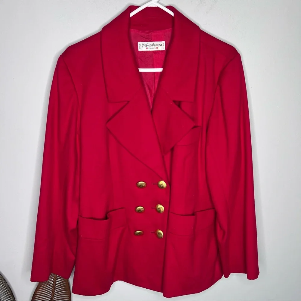 RARE Yves Saint Laurent Vintage Red Gold Button Blazer C8 - Picture 3 of 8